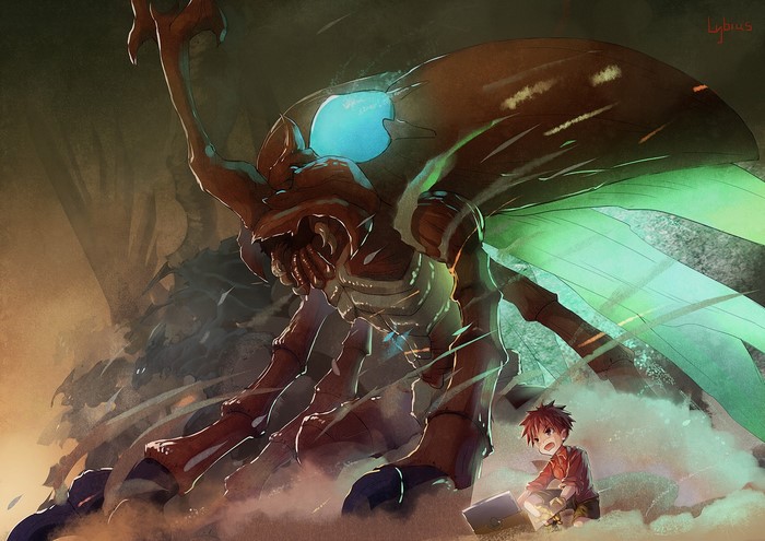 Digimon Tri illustration of a boy and a large insectoid Digimon