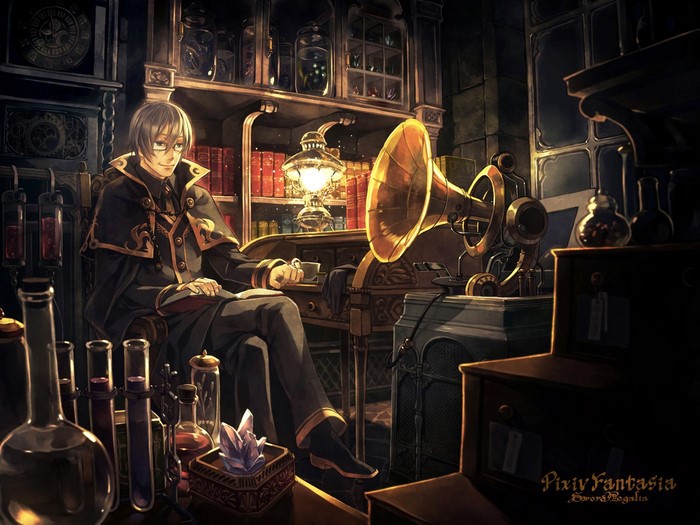 Anime man in a library with a gramophone