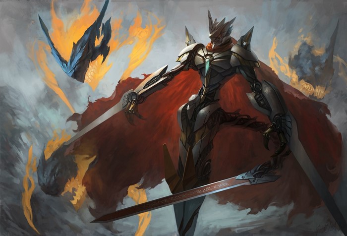 WarGreymon from Digimon Tri with fiery creatures