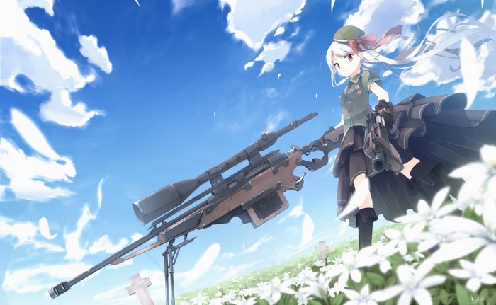 Anime girl with sniper rifle in a field of flowers