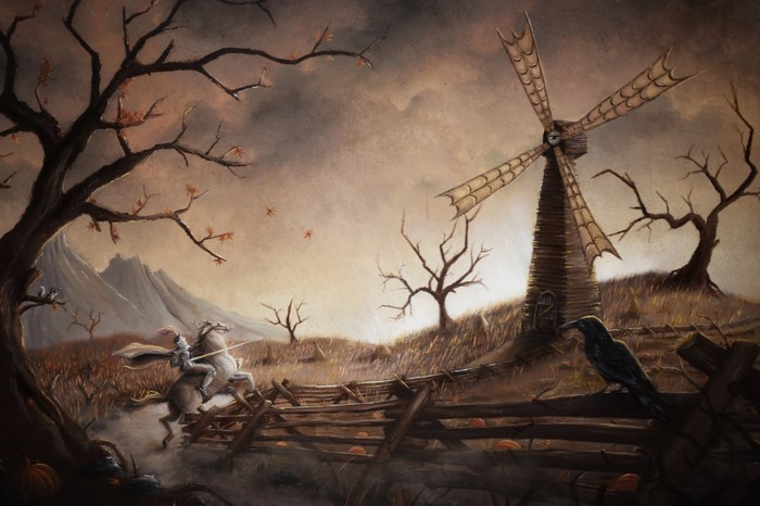Fantasy art of a knight on horseback near a windmill
