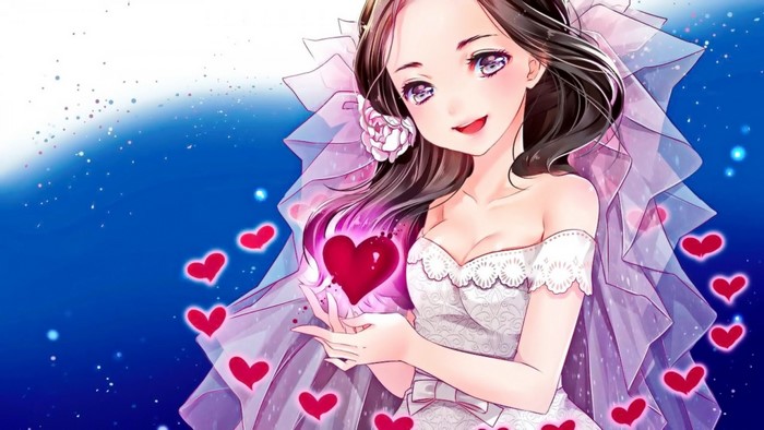 Anime bride holding a glowing heart with hearts around her