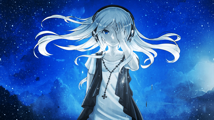 Anime girl with headphones in starry sky