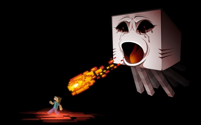 Steve from Minecraft being attacked by a Ghast