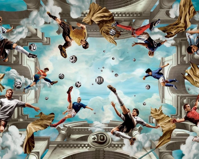 Footballers in the Sky with Architecture and Soccer Balls