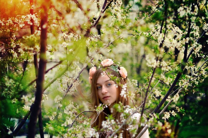 Woman with flower crown in blooming cherry blossoms