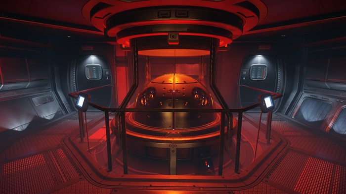 Interior of a spaceship with a central pod and red lighting