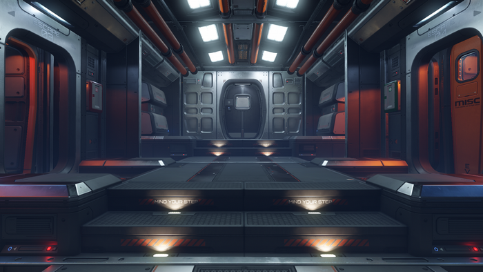 Interior of a spaceship corridor with doors and storage