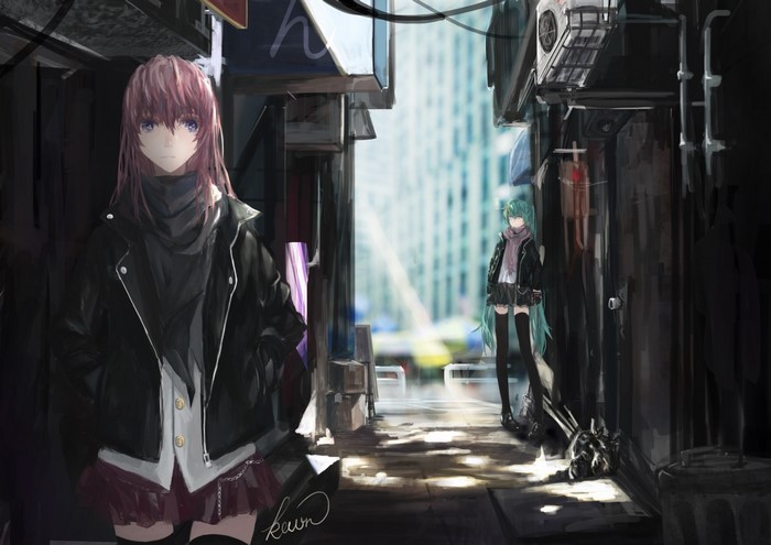 Anime girls in a city alleyway