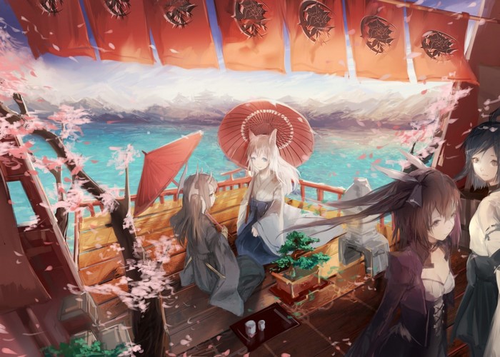 Anime girls in kimonos on a boat with cherry blossoms