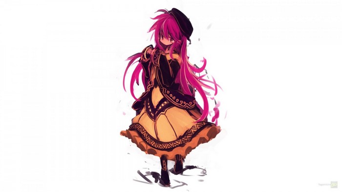Anime girl with pink hair wearing a black hat and dress