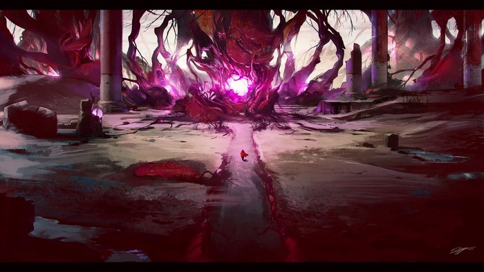 Ruined forest with glowing magical tree and a person
