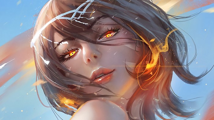 Anime girl with fiery eyes and flowing hair