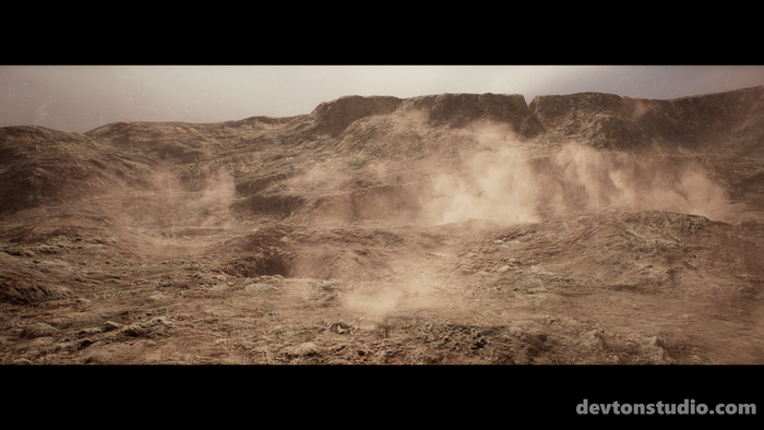 Dusty rocky terrain with mountains and atmospheric haze