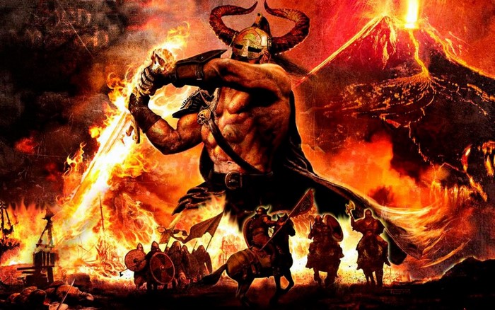 Epic Viking Warrior Battle with Fiery Volcanic Eruption