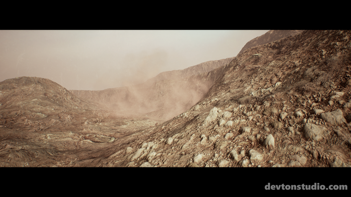 Dusty rocky mountain landscape with CGI rendering