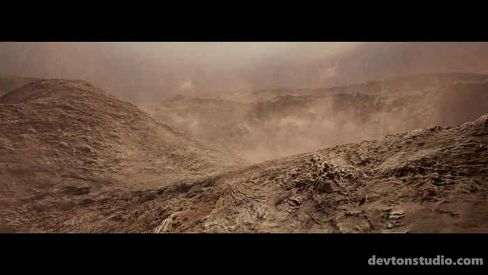 Rocky mountainous landscape with dust and fog