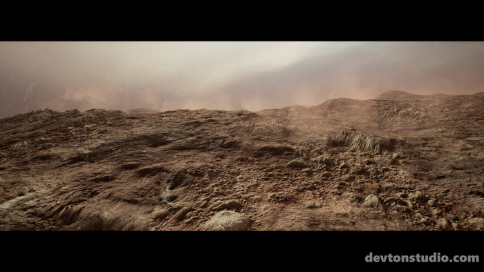 Rocky alien landscape with hazy atmosphere