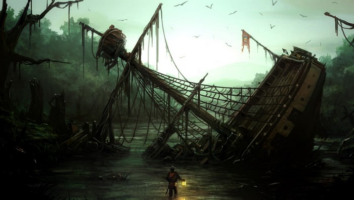 Ghost ship in a dark swamp with a lone figure