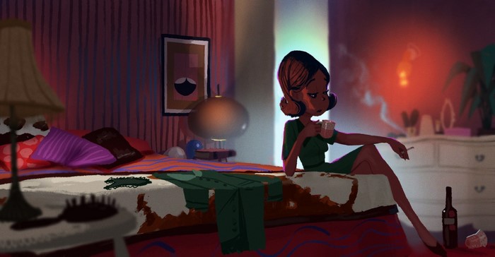 Woman in green dress smoking and drinking in a bedroom