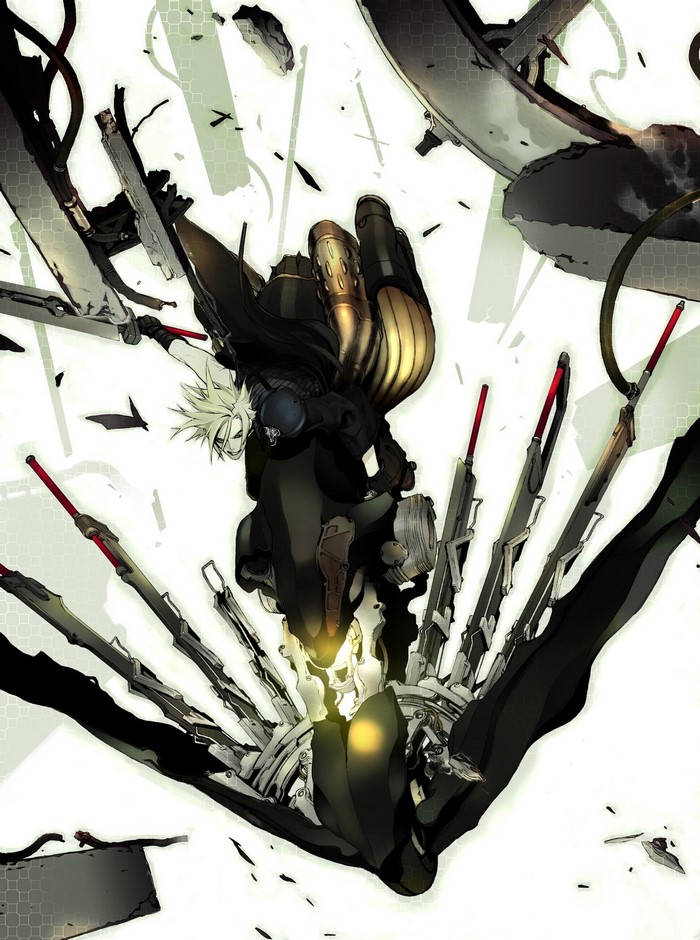 Cloud Strife from Final Fantasy VII with weapons