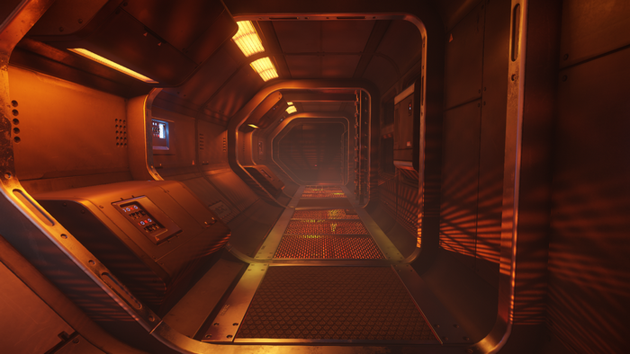 Interior of a spaceship corridor with orange lighting