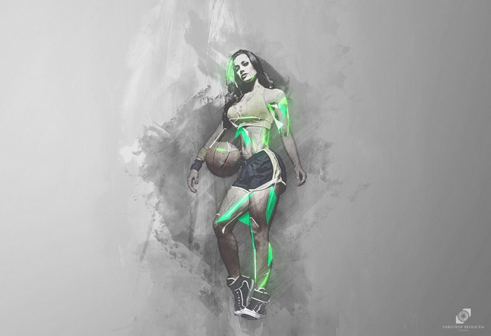 Woman with basketball, abstract illustration