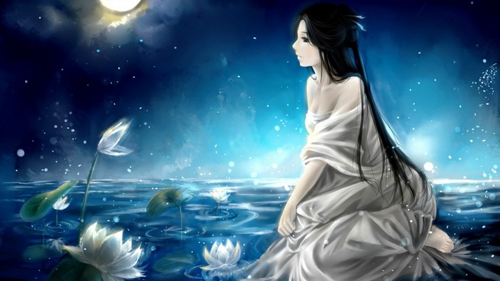 Anime girl with long black hair by a moonlit lake