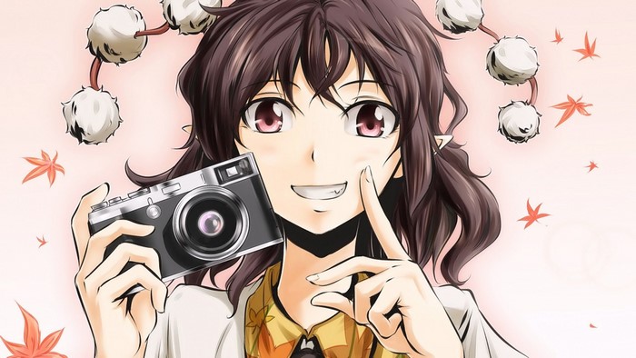 Shameimaru Aya from Touhou holding a camera