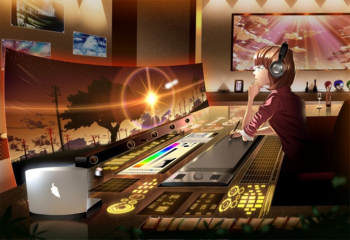 Anime girl with headphones working at a futuristic desk