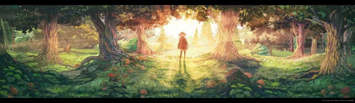 Anime girl in a sunlit forest with large trees and mushrooms