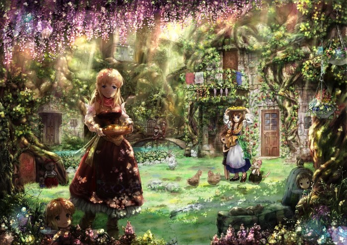 Anime girls in a magical garden with chickens