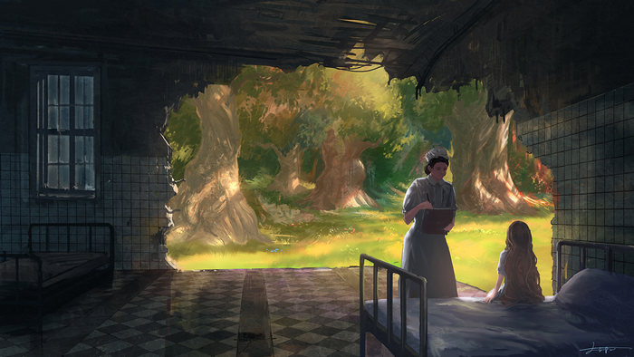 Nurse and girl in ruined hospital looking at forest