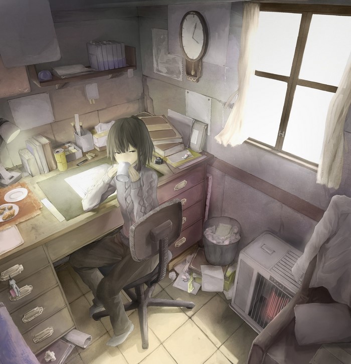 Anime girl drinking from mug at desk in room