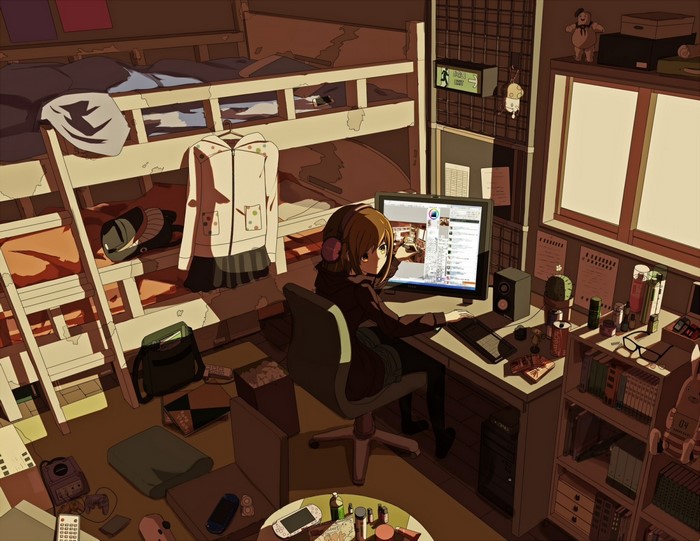Anime girl at computer in messy bedroom