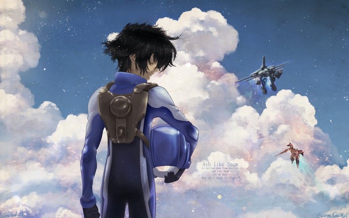 Anime pilot with mechs in the sky