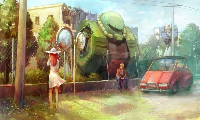 Illustration of a girl and boy with giant mechs and a car