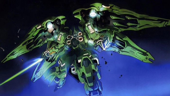 Green Mech firing beam in space