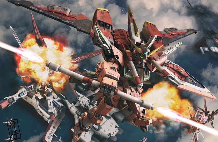 Gundam robots in aerial combat with explosions