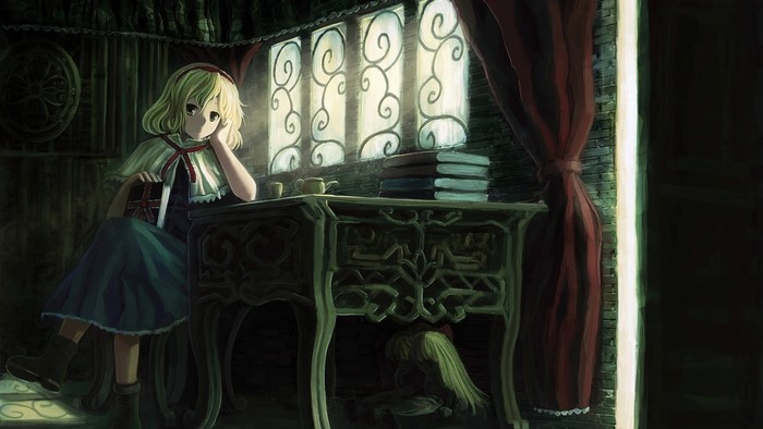 Alice Margatroid from Touhou sitting at a desk