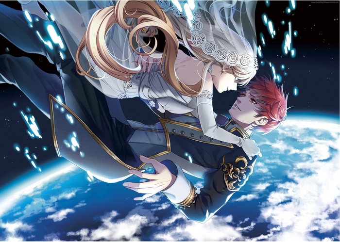 Anime couple in wedding attire floating in space
