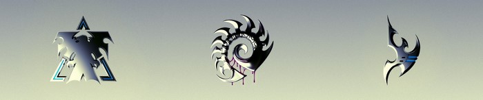 Starcraft II faction symbols: Terran, Zerg, Protoss