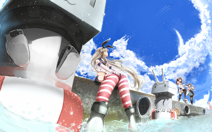 Anime girls on a ship deck