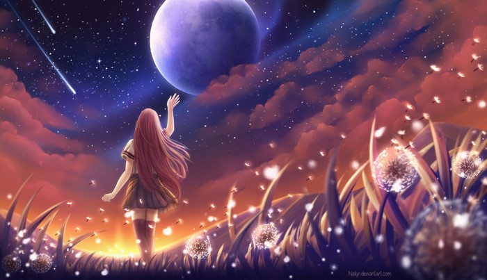 Anime girl reaching for a planet in a starry sky