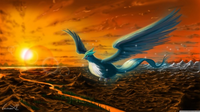 Articuno from Pokemon flying over a wavy sea at sunset