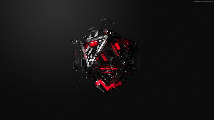 Abstract 3D geometric cube with red and black elements