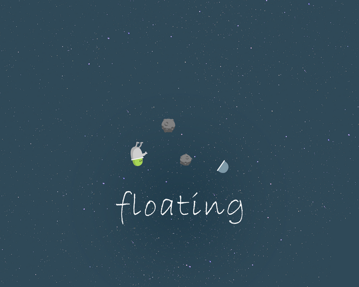 Astronaut floating in space with asteroids and the word floating