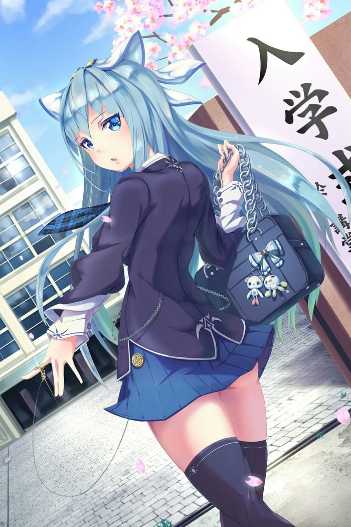Anime girl with blue hair and cat ears