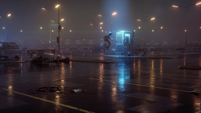 Astronaut jumping in a foggy, wet parking lot at night