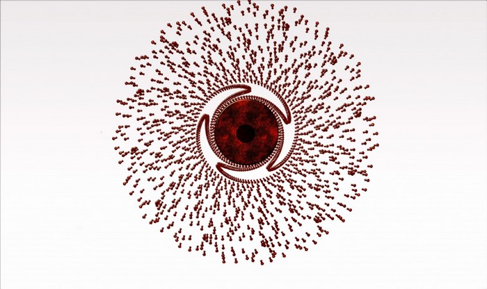 Abstract red spiral eye pattern with particles